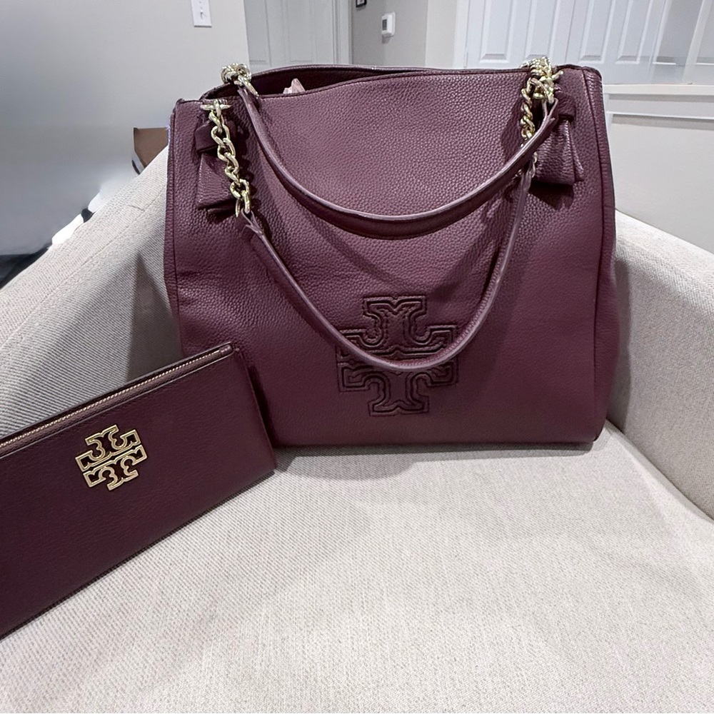 Tory Burch 2pc Burgundy Tote Bag with Tory Burch Wallet